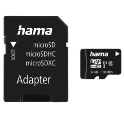 Hama 32GB MicroSDHC memory card Class 10 UHS-I with adapter, 100MB/s data transfer speed Hama 32GB MicroSDHC memory card Class 10 UHS-I with adapter, 100MB/s data transfer speed